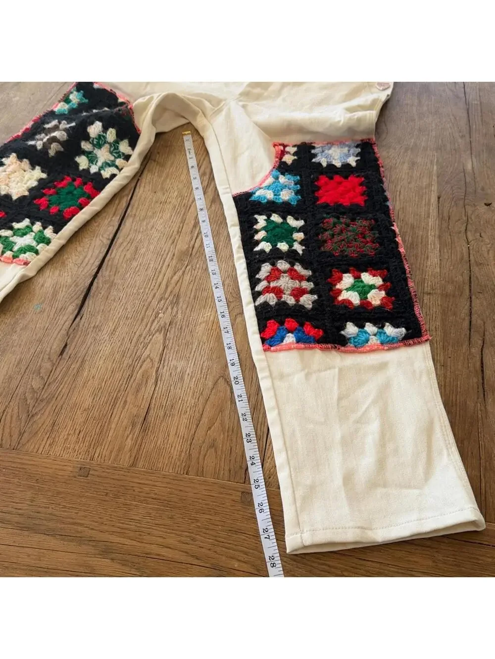 rowena social club Cream Overalls with Colorful Crochet Patchwork SMALL RARE
